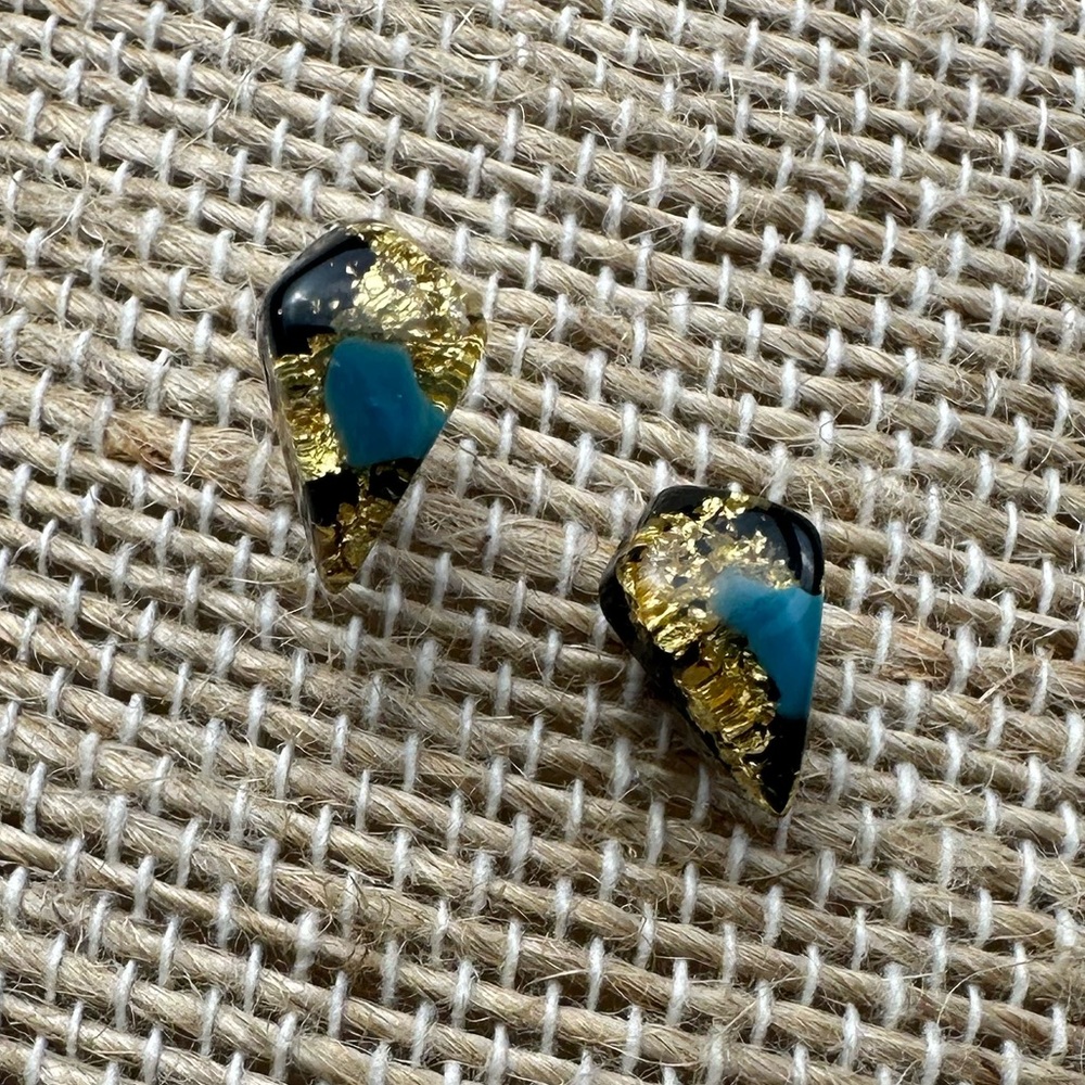 Costume jewelry Stud earrings. Teal, gold, black artistic pattern. No backs.